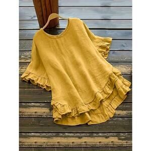 Blouse Womens 2XL Yellow NWT Button Front Ruffle Hem Flowy Short Sleeve Top